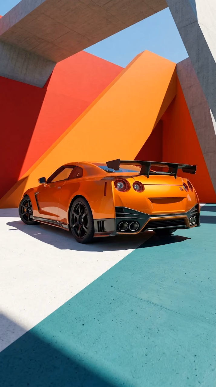 Download Rear Quarter View of an Orange Sports Car against Geometric Colors Wallpaper in Mobile HD Rear Quarter View of an Orange Sports Car against Geometric Colors - Free Mobile AMOLED Wallpaper Background