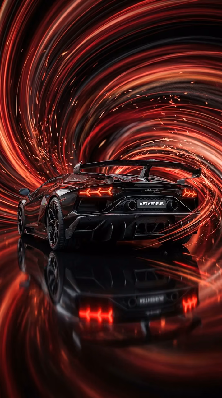 Download Rear View of Black Supercar Against Abstract Red Swirl Environment Wallpaper in Mobile HD Rear View of Black Supercar Against Abstract Red Swirl Environment - Free Mobile AMOLED Wallpaper Background