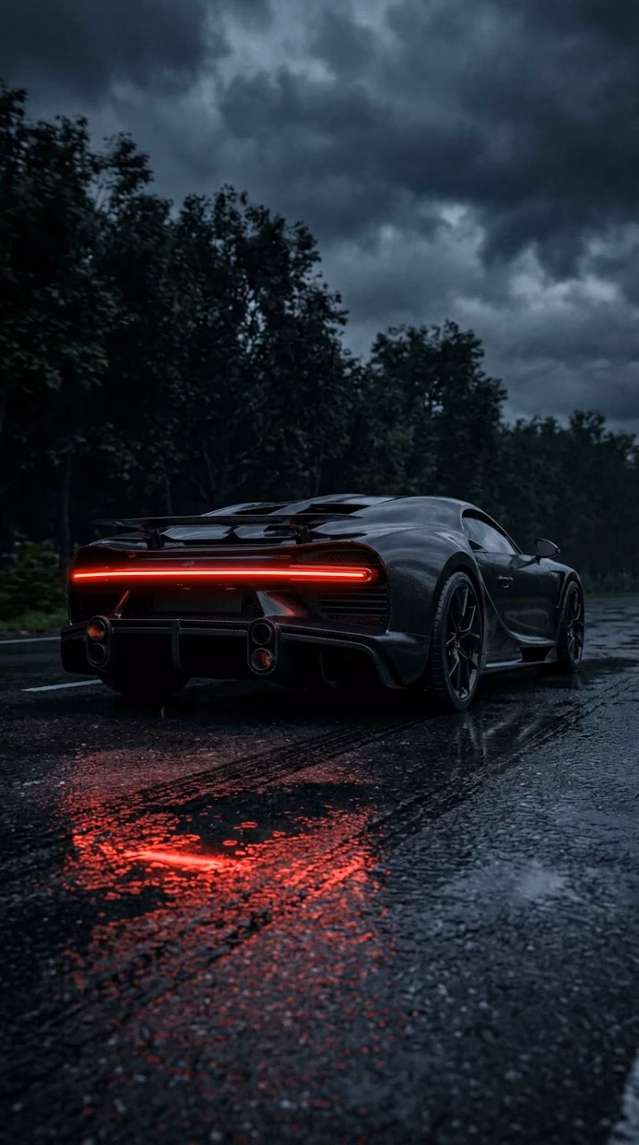 Rear View of a Futuristic Black Supercar on a Wet Night Road - Free Mobile AMOLED Wallpaper Background