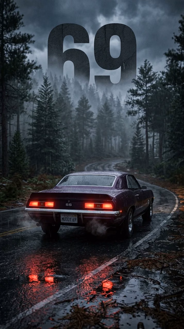Rear View of a Purple Muscle Car on a Wet Forest Road with '69' Typography - Free Mobile AMOLED Wallpaper Background