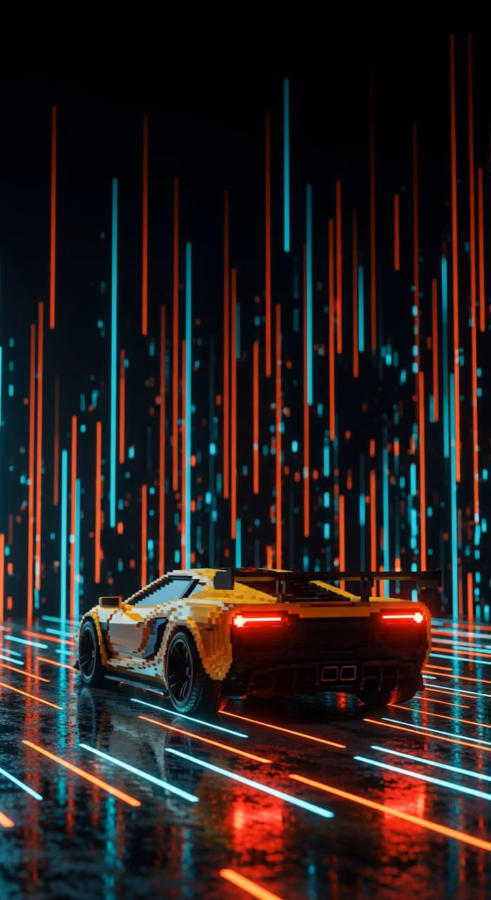 Download Rear View of a Voxel Art Sports Car on a Reflective Road with Vertical Data Background Wallpaper in Mobile HD Rear View of a Voxel Art Sports Car on a Reflective Road with Vertical Data Background - Free Mobile AMOLED Wallpaper Background