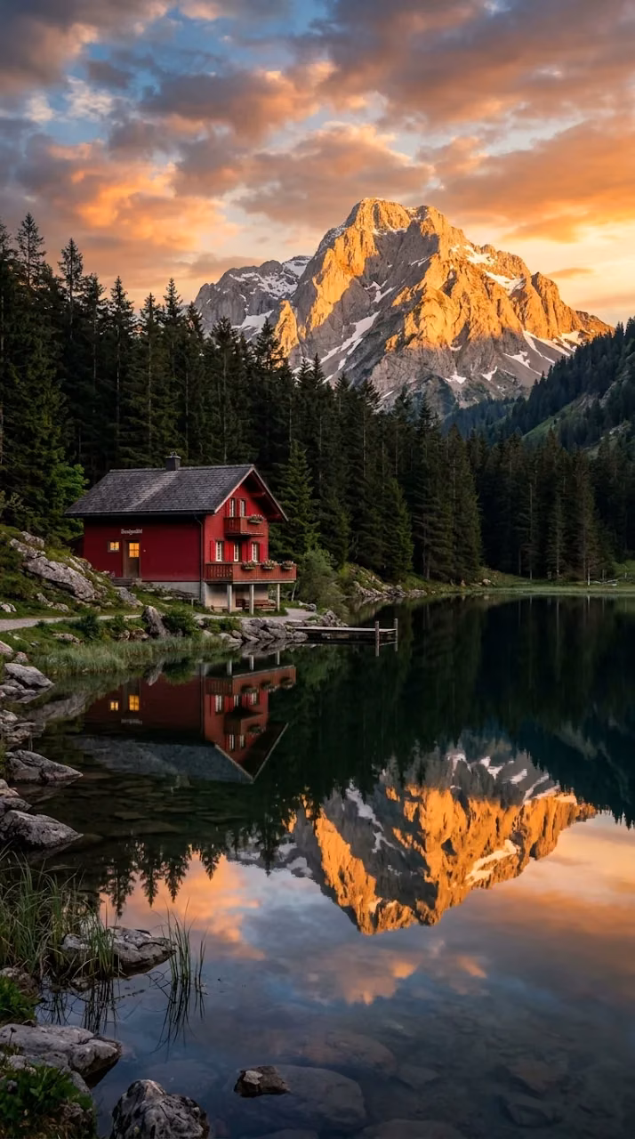 Download Red Alpine Chalet Reflected In Lake With Mountain Sunset Wallpaper in Mobile HD Red Alpine Chalet Reflected In Lake With Mountain Sunset - Free Mobile AMOLED Wallpaper Background