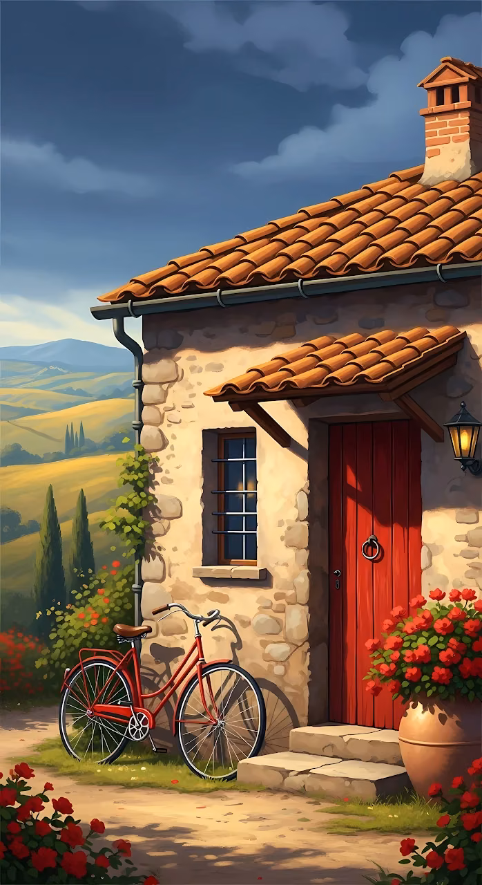 Download Red Bicycle at a Rustic Tuscan Villa with Golden Hills Wallpaper in Mobile HD Red Bicycle at a Rustic Tuscan Villa with Golden Hills - Free Mobile AMOLED Wallpaper Background