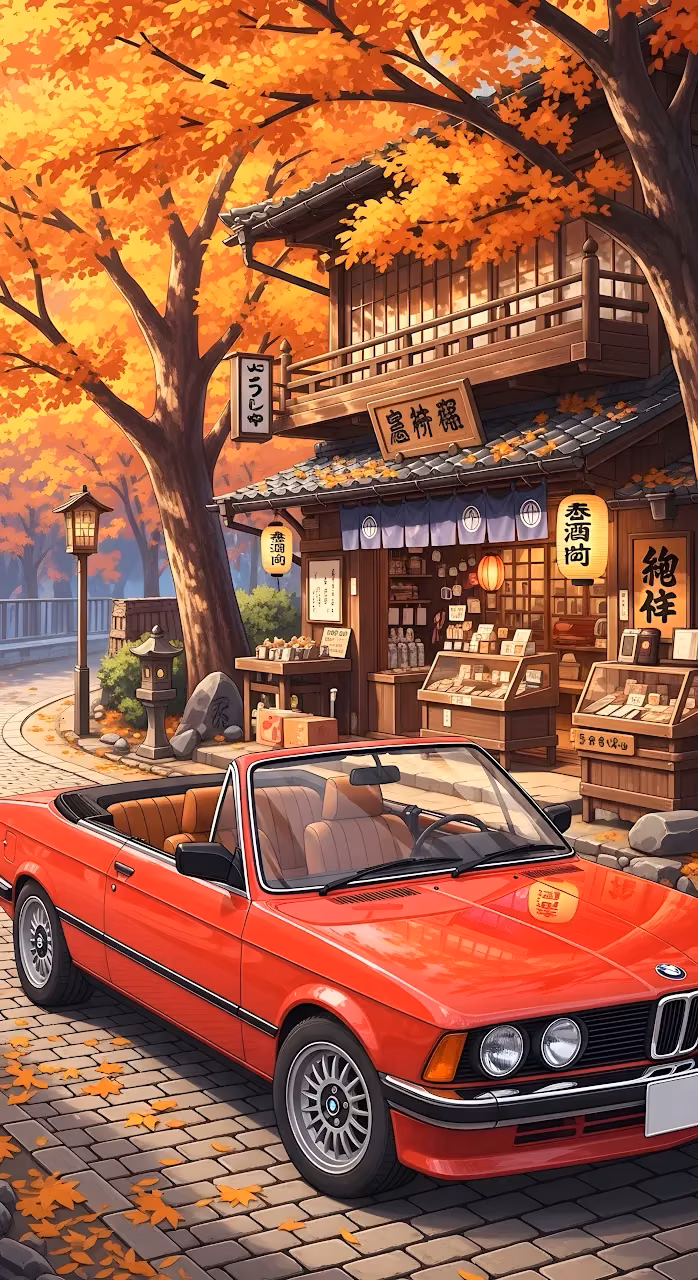 Download Red BMW Convertible Parked at Traditional Japanese Shop in Autumn Wallpaper in Mobile HD Red BMW Convertible Parked at Traditional Japanese Shop in Autumn - Free Mobile AMOLED Wallpaper Background