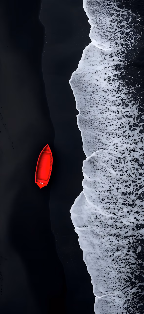 Download Red Boat on Black Sand Beach Aerial View Minimalist Contrast Wallpaper in Mobile HD Red Boat on Black Sand Beach Aerial View Minimalist Contrast - Free Mobile AMOLED Wallpaper Background