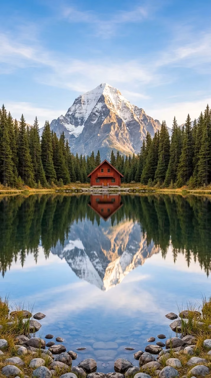 Download Red Chalet Reflected in Calm Alpine Lake at Sunset Wallpaper in Mobile HD Red Chalet Reflected in Calm Alpine Lake at Sunset - Free Mobile AMOLED Wallpaper Background