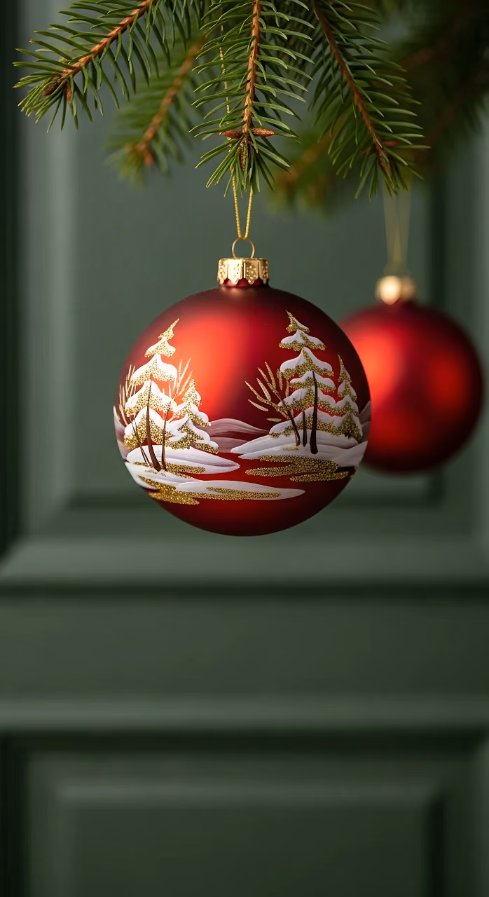 Red Christmas Ornament Gold Winter Landscape Detail - Free Mobile AMOLED Wallpaper Background