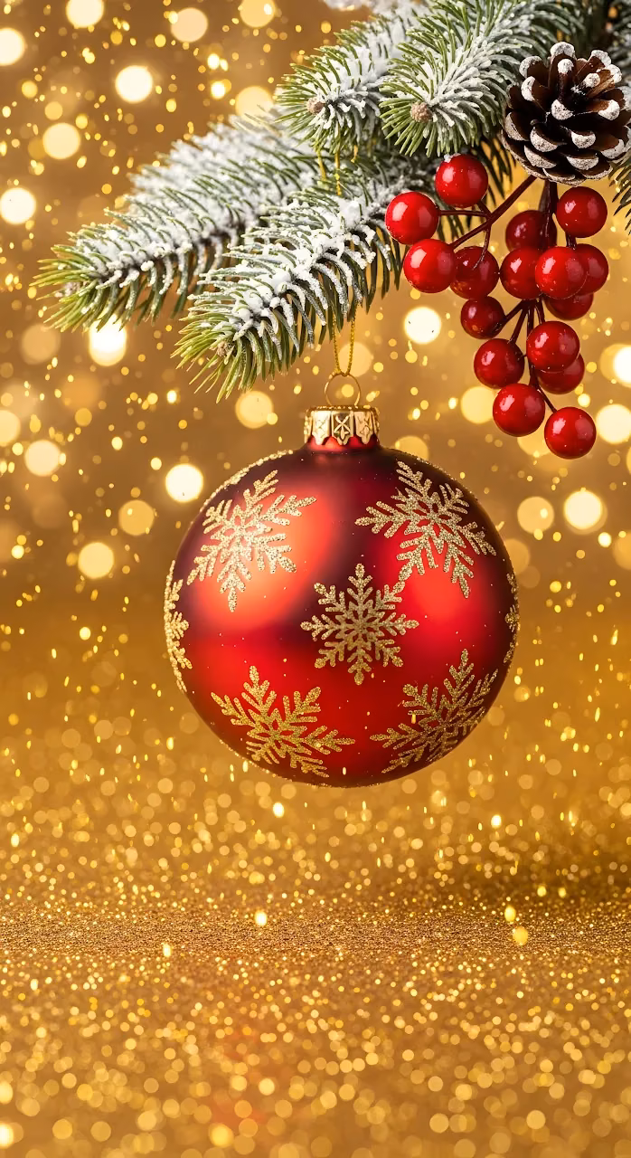 Red Christmas Ornament with Gold Snowflake Bokeh Lights - Free Mobile AMOLED Wallpaper Background