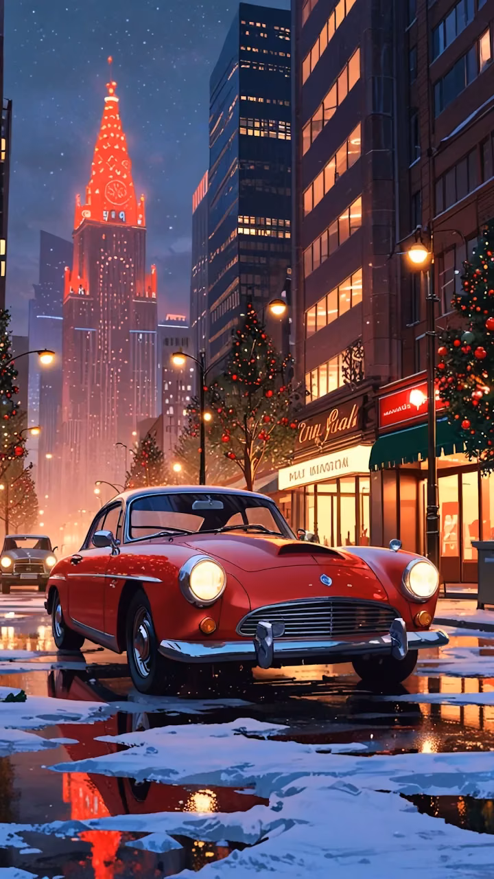 Red Classic Car on Festive Snowy City Street - Free Mobile AMOLED Wallpaper Background