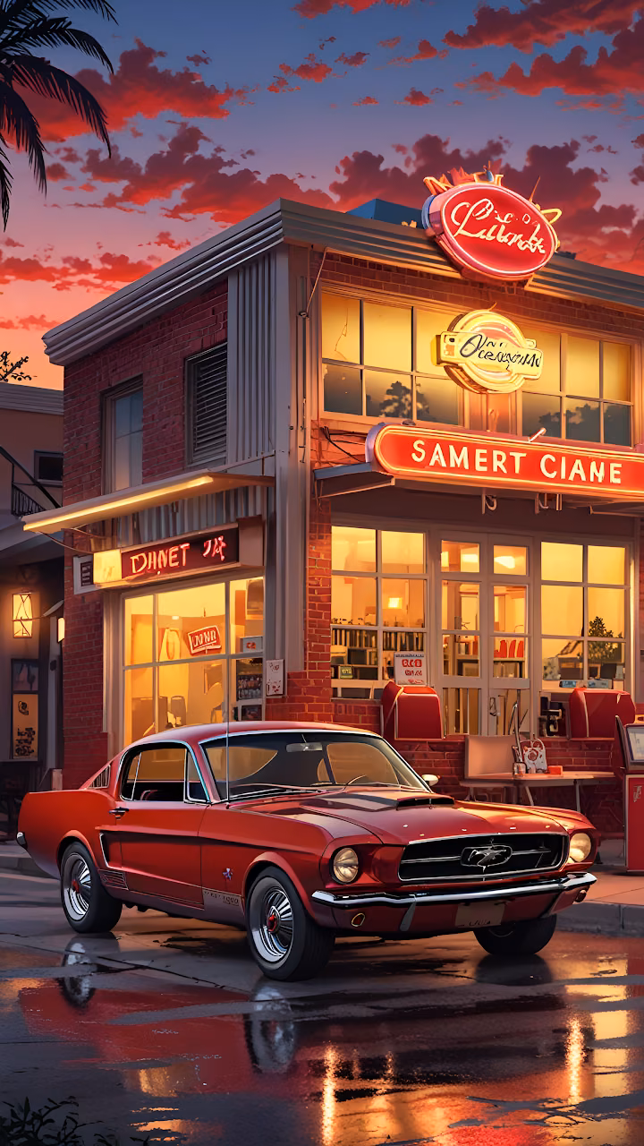 Red Classic Mustang Parked at Retro Diner at Sunset - Free Mobile AMOLED Wallpaper Background