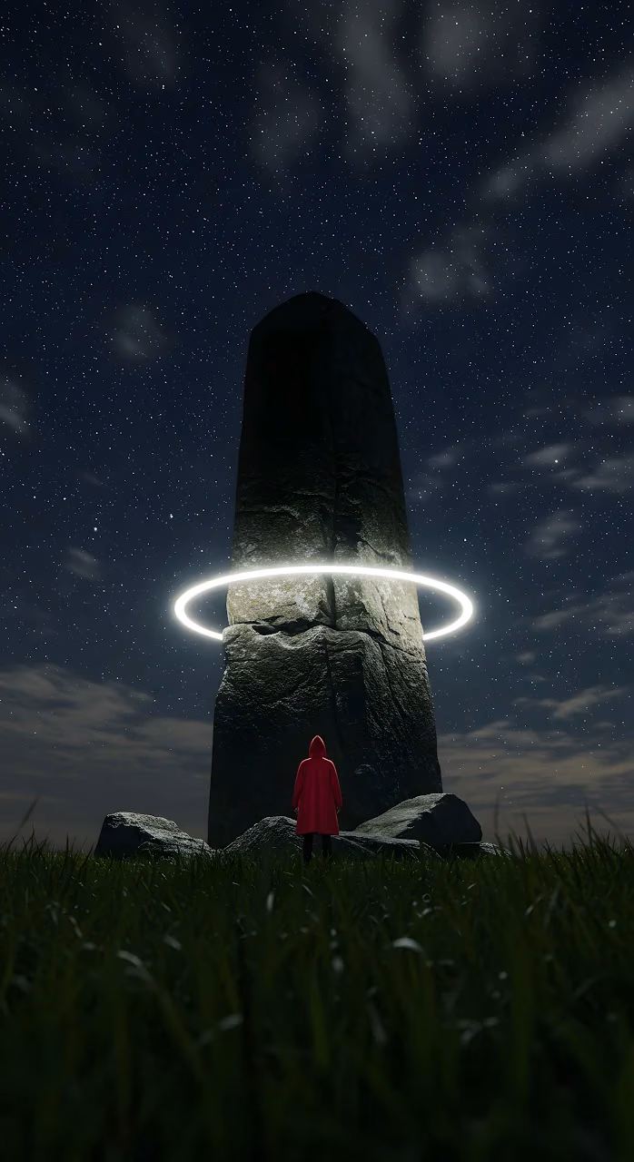 Red Cloak Figure Facing Glowing Monolith at Night - Free Mobile AMOLED Wallpaper Background