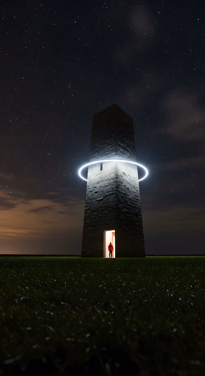 Red Cloak Figure in Lighted Entrance of Stone Tower - Free Mobile AMOLED Wallpaper Background