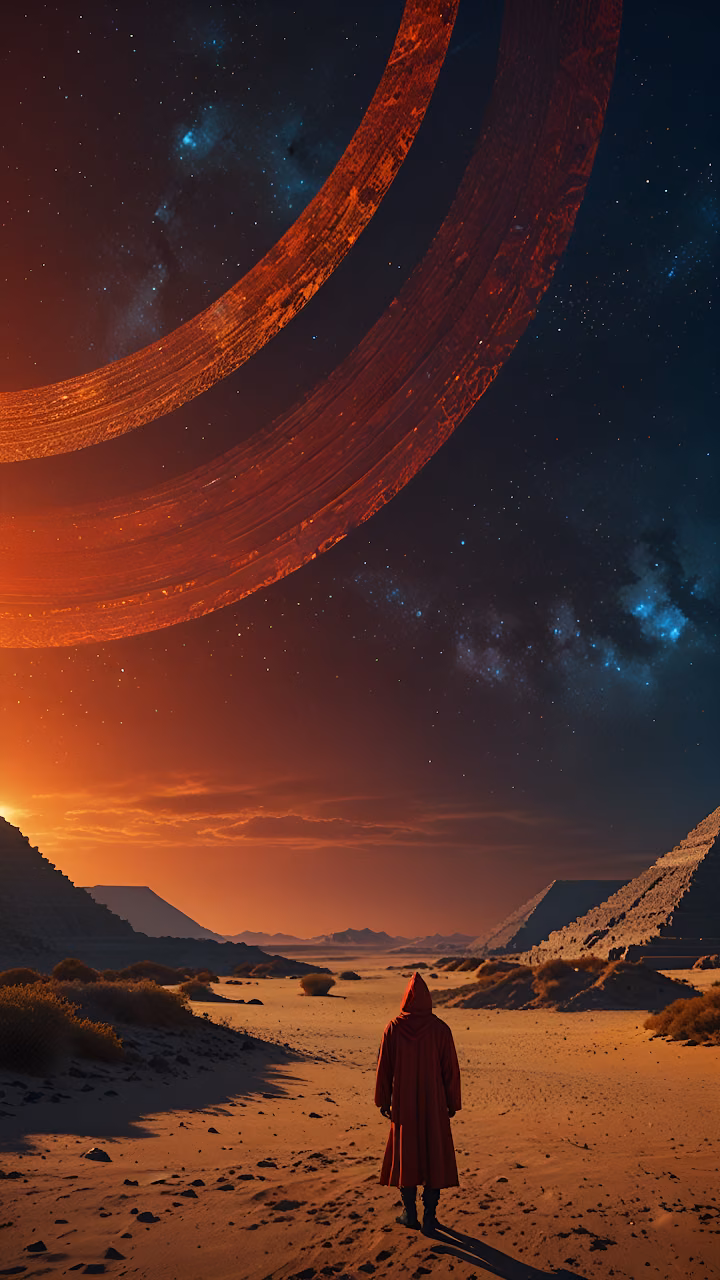 Download Red Cloaked Figure in Desert Under Ringed Planet Sky Wallpaper in Mobile HD Red Cloaked Figure in Desert Under Ringed Planet Sky - Free Mobile AMOLED Wallpaper Background
