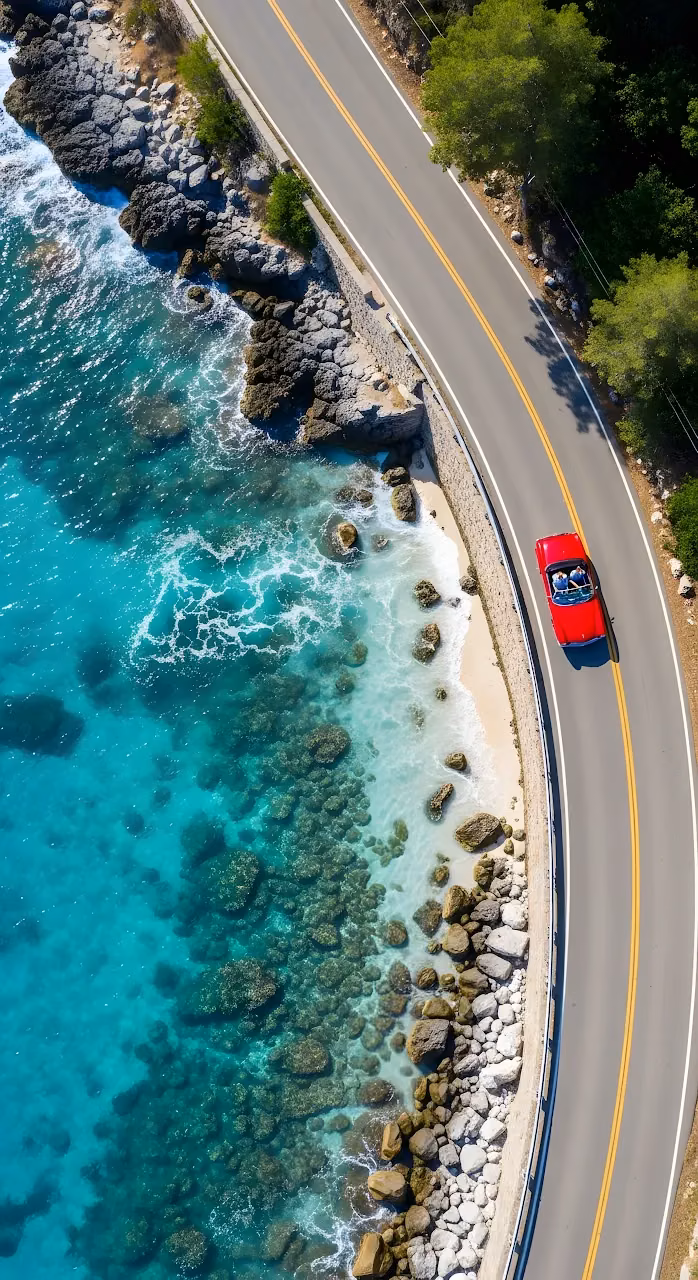 Red Convertible Driving Coastal Road Above Turquoise Ocean - Free Mobile AMOLED Wallpaper Background