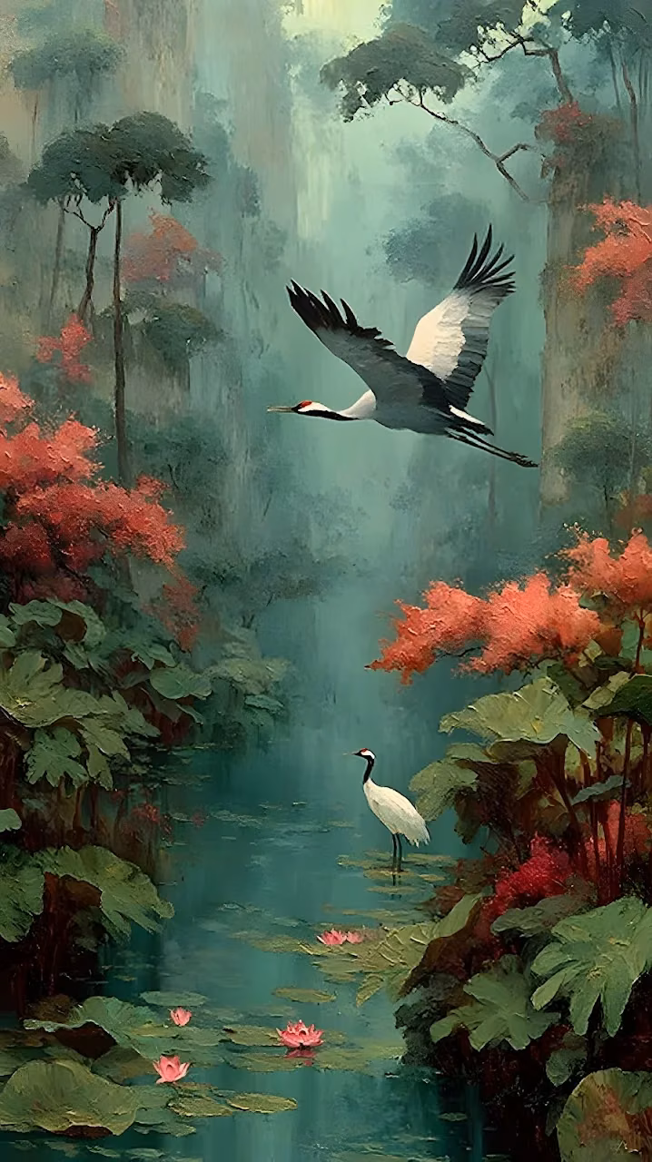 Red-Crowned Cranes in Lush Asian Misty Stream Painting - Free Mobile AMOLED Wallpaper Background