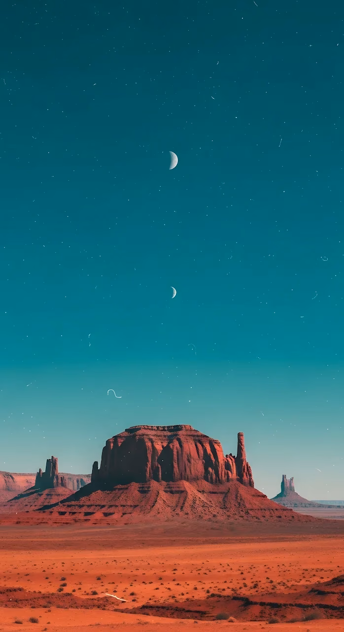 Download Red Desert Buttes Under Teal Twilight Sky and Moons Wallpaper in Mobile HD Red Desert Buttes Under Teal Twilight Sky and Moons - Free Mobile AMOLED Wallpaper Background