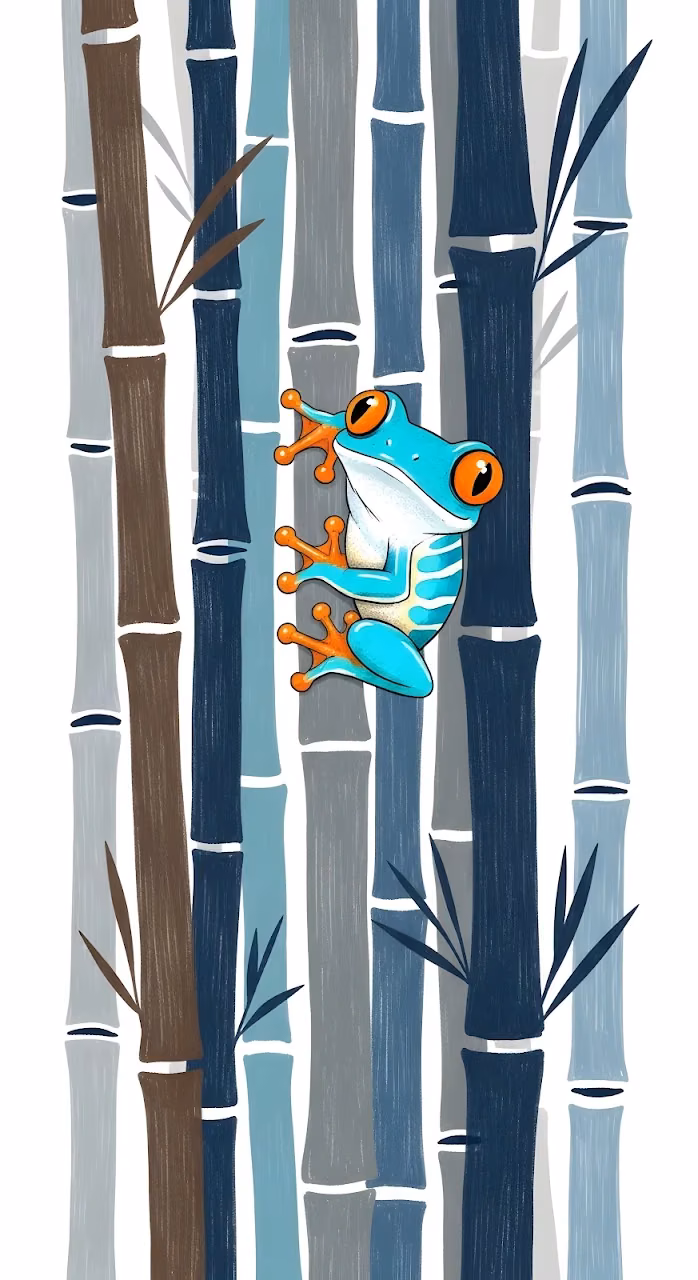Red Eyed Tree Frog Climbing Stylized Blue Bamboo - Free Mobile AMOLED Wallpaper Background