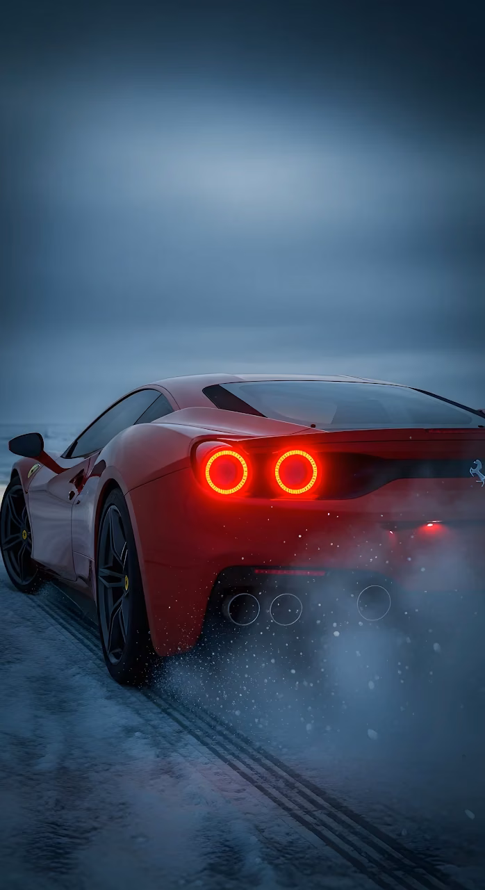 Download Red Ferrari Sports Car Drifting on Snowy Winter Road Wallpaper in Mobile HD Red Ferrari Sports Car Drifting on Snowy Winter Road - Free Mobile AMOLED Wallpaper Background