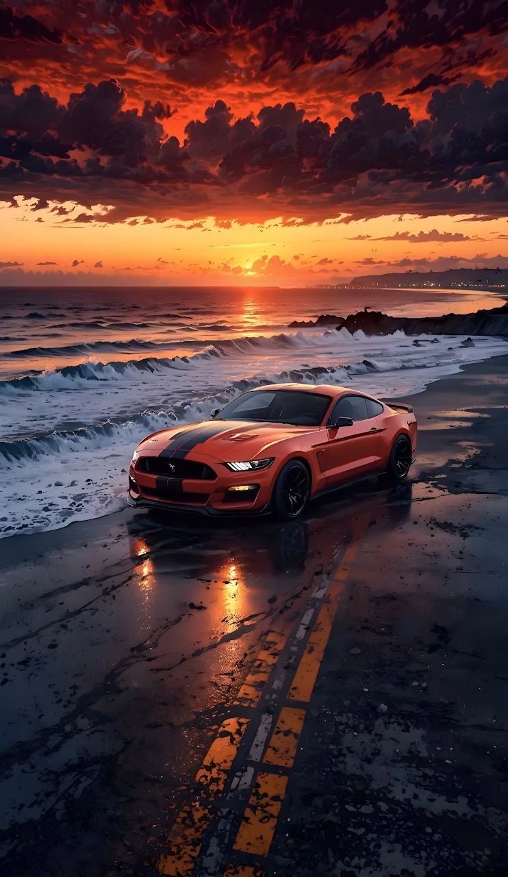 Red Ford Mustang Sunset Beach Drive Ocean Waves - Free Mobile AMOLED Wallpaper Background