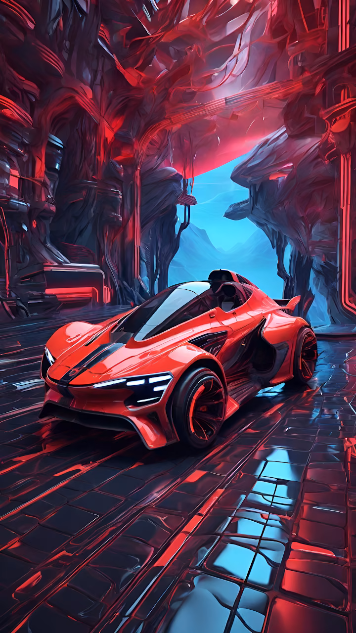 Red Futuristic Sports Car in Cyberpunk Neon Garage Scene - Free Mobile AMOLED Wallpaper Background