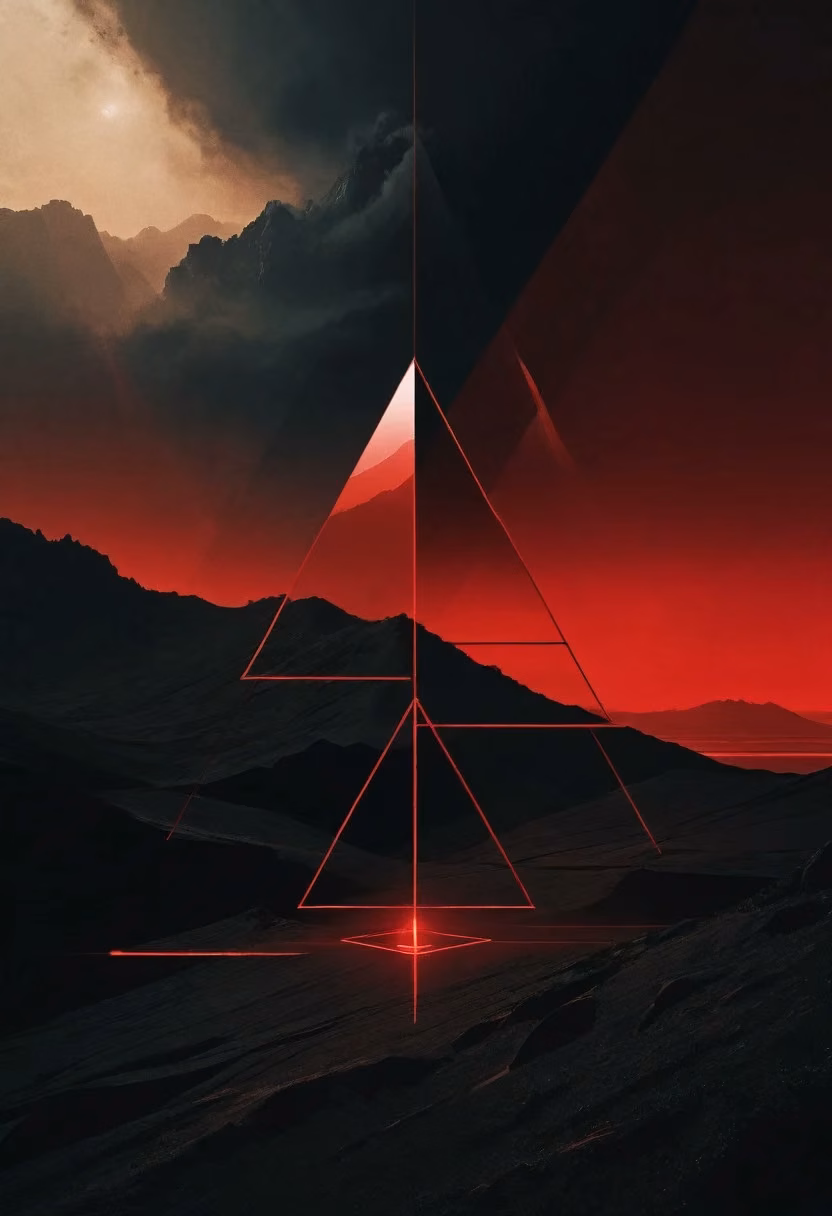 Red Geometric Triangles Over Mountain Landscape - Free Mobile AMOLED Wallpaper Background