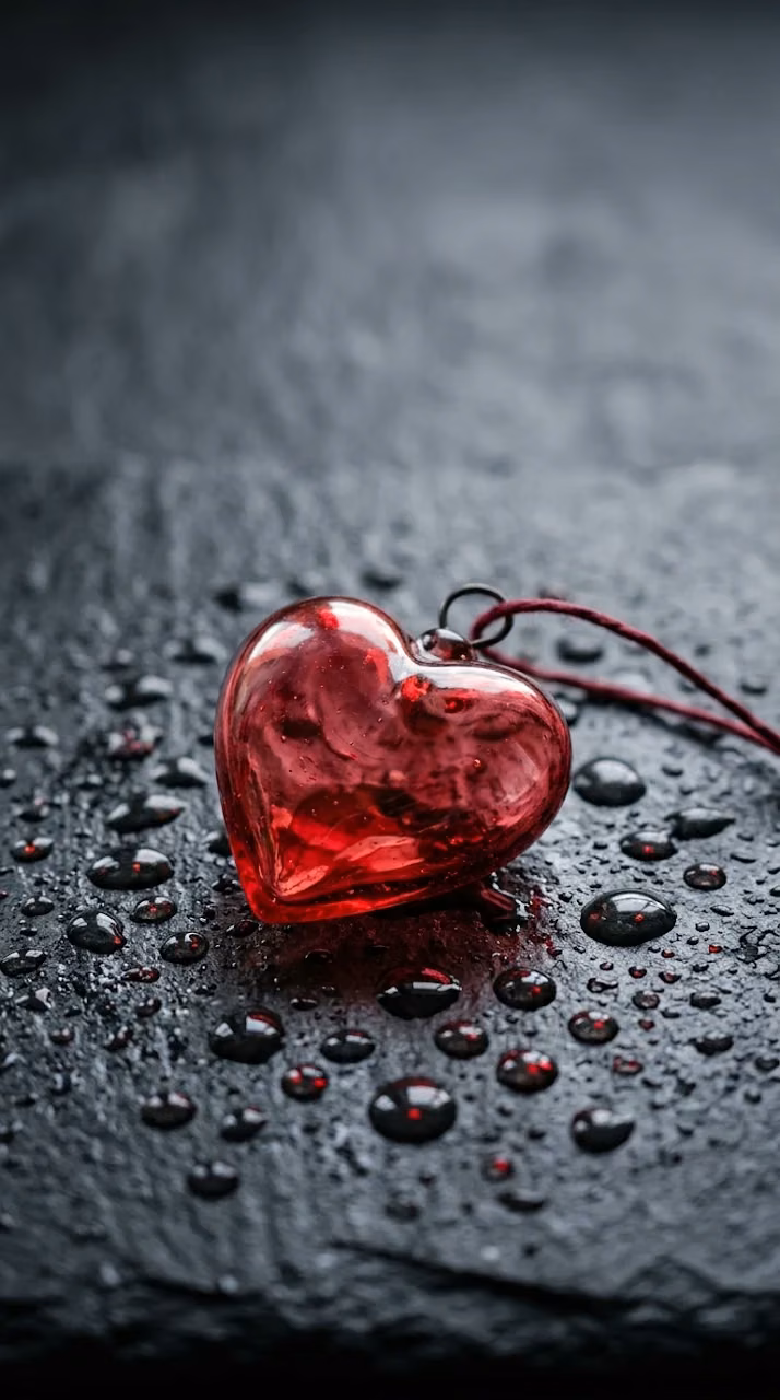 Red Glass Heart with Dewdrops on Minimal Dark Grey Surface - Free Mobile AMOLED Wallpaper Background