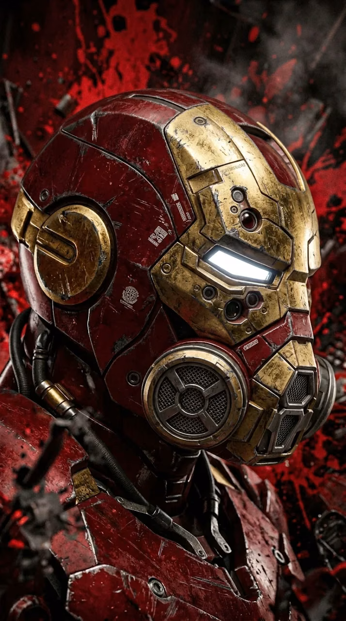 Red and Gold Mechanical Armor Profile 3D Render - Free Mobile AMOLED Wallpaper Background