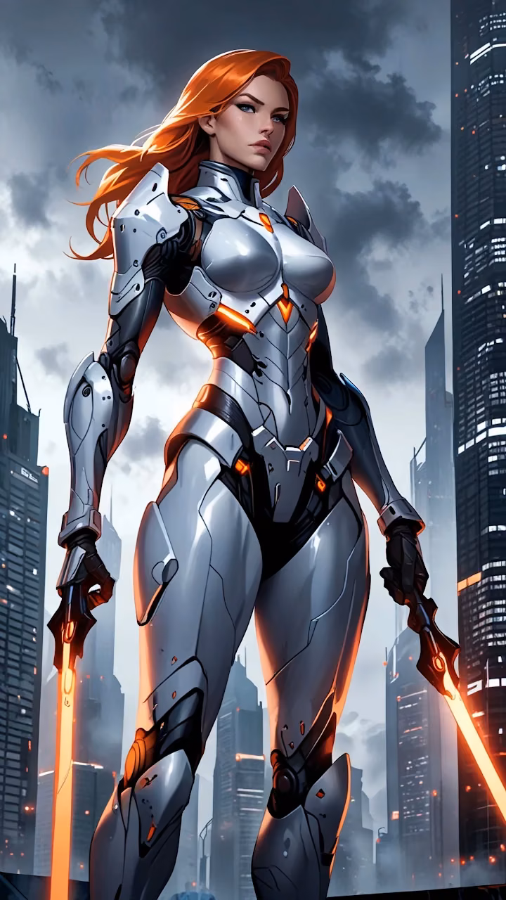 Red haired warrior in silver armor wields glowing blades - Free Mobile AMOLED Wallpaper Background