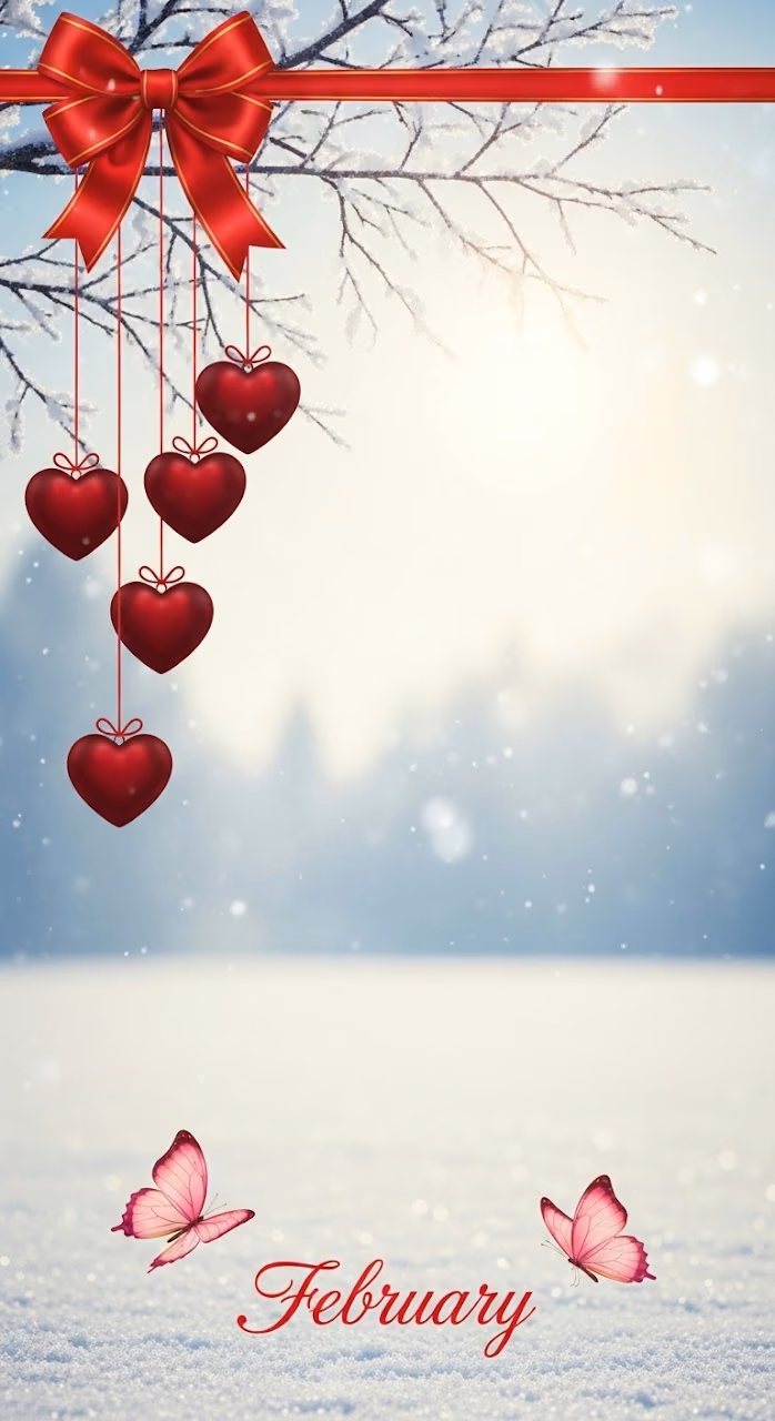 Download Red Hearts Hanging from Snowy Branches in Winter Wallpaper in Mobile HD Red Hearts Hanging from Snowy Branches in Winter - Free Mobile AMOLED Wallpaper Background