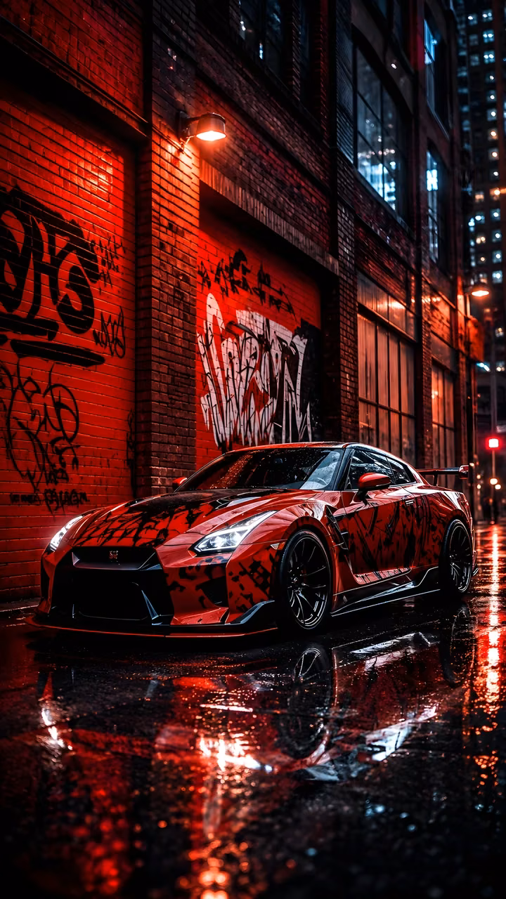 Download Red high performance sports car parked in wet alleyway Wallpaper in Mobile HD Red high-performance sports car with black livery parked on wet asphalt in a brick alley illuminated by red neon street lights.