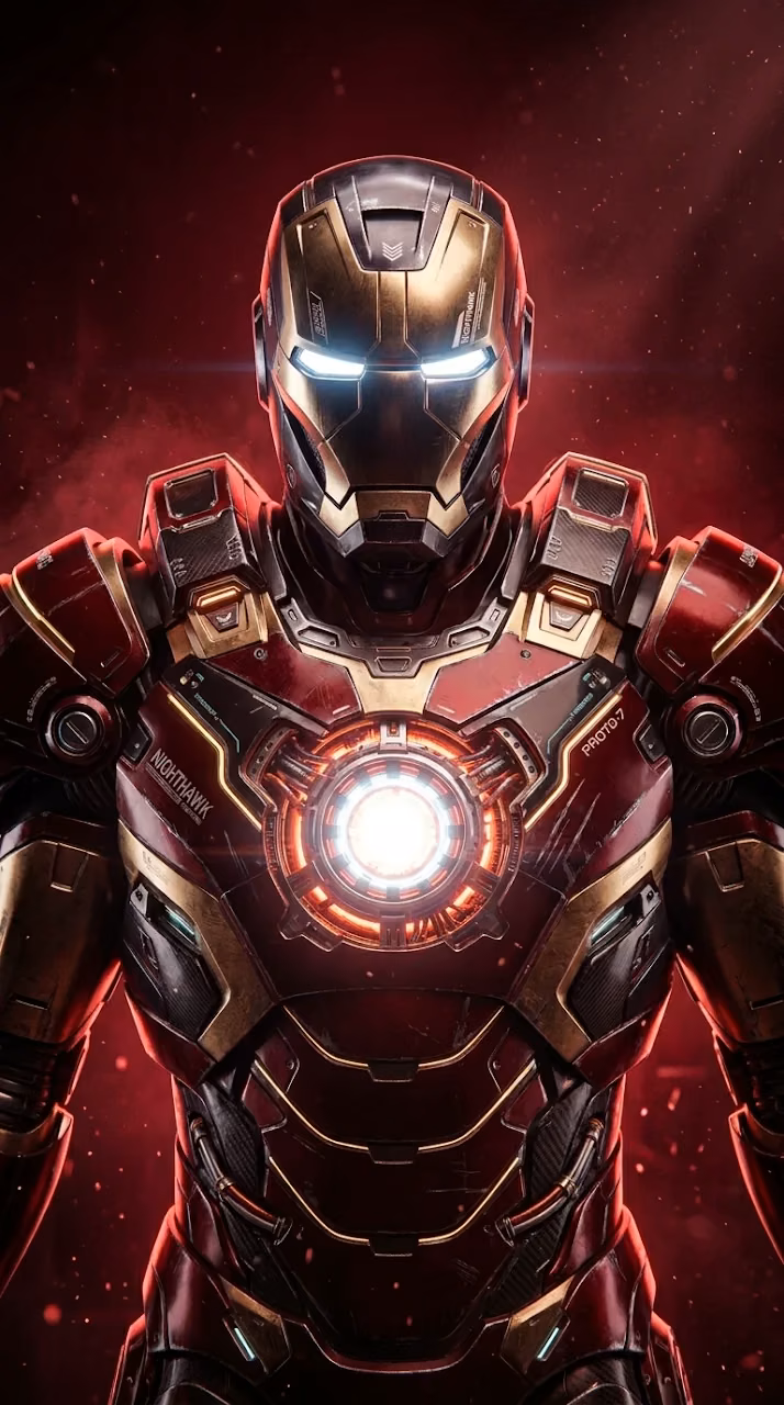 Red High-Tech Superhero Armor with Glowing Arc Reactor - Free Mobile AMOLED Wallpaper Background