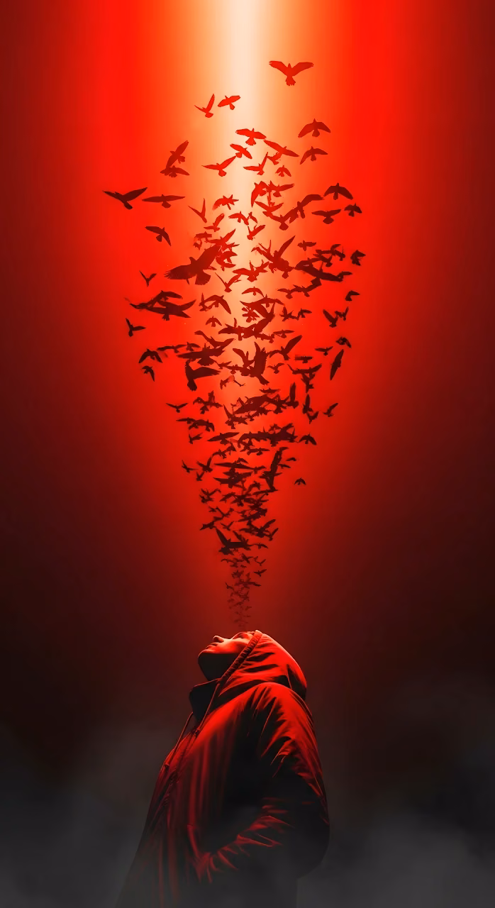 Red Hooded Figure and Swarm of Birds Conceptual Art - Free Mobile AMOLED Wallpaper Background