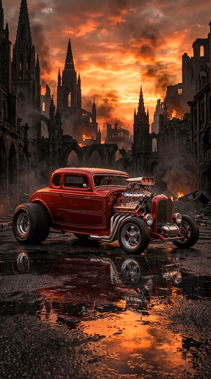 Download Red Hot Rod Car in Post-Apocalyptic City Ruins at Sunset Wallpaper in Mobile HD Red Hot Rod Car in Post-Apocalyptic City Ruins at Sunset - Free Mobile AMOLED Wallpaper Background