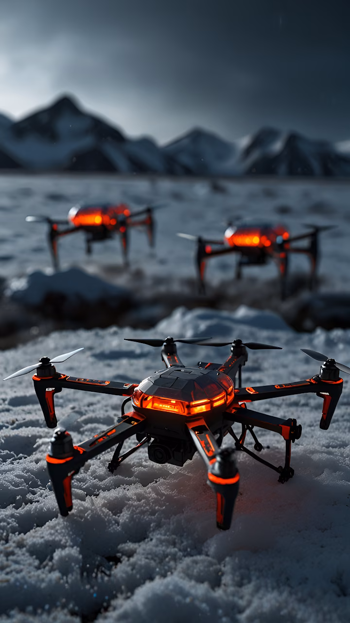 Download Red Illuminated Drones on Snowy Tundra Under Dark Sky Wallpaper in Mobile HD Red Illuminated Drones on Snowy Tundra Under Dark Sky - Free Mobile AMOLED Wallpaper Background