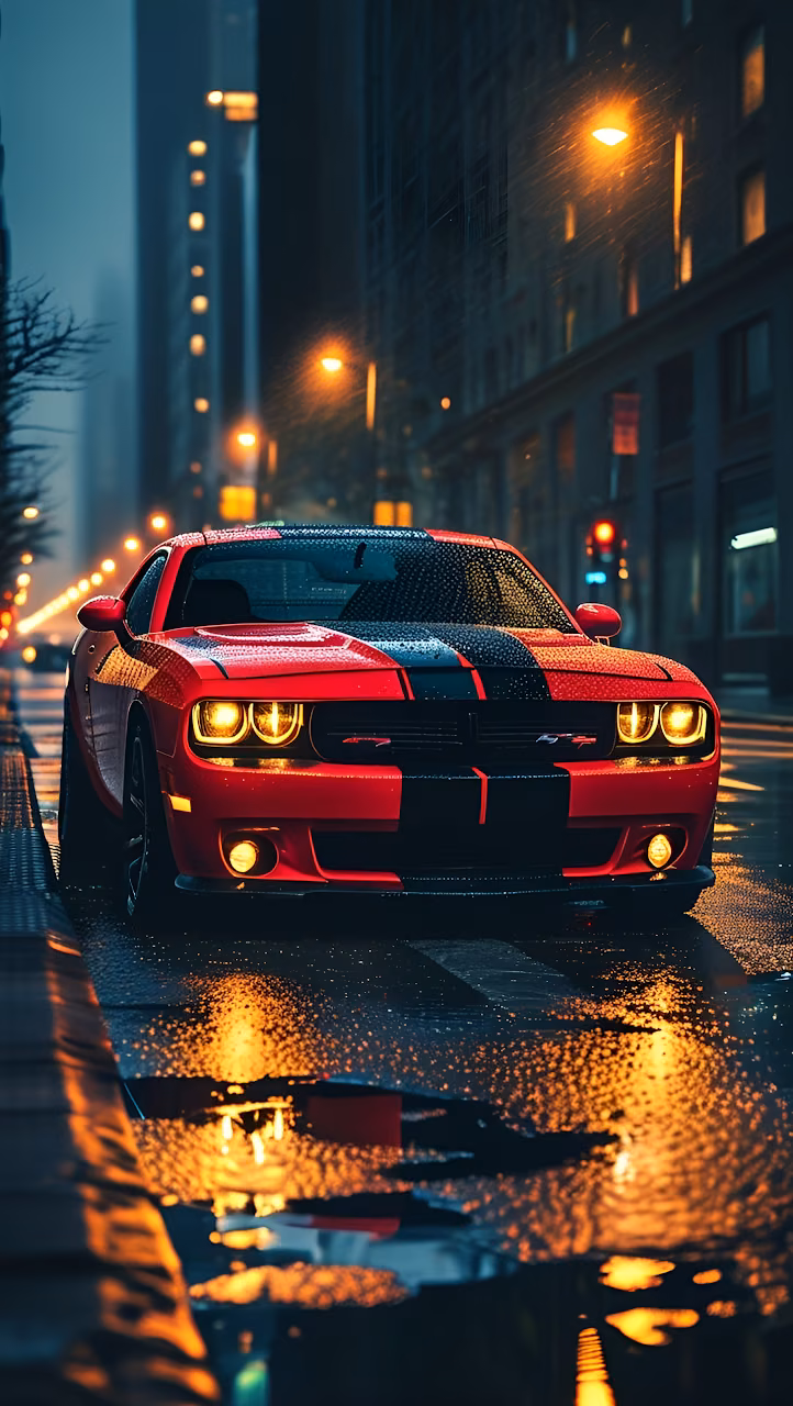 Download Red Muscle Car on Rainy City Street at Night Wallpaper in Mobile HD Red Muscle Car on Rainy City Street at Night - Free Mobile AMOLED Wallpaper Background