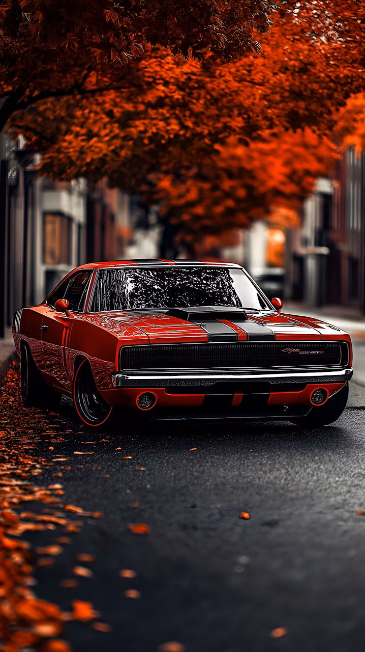 Download Red Muscle Car Under Fiery Autumn Trees Wallpaper in Mobile HD Red Muscle Car Under Fiery Autumn Trees - Free Mobile AMOLED Wallpaper Background
