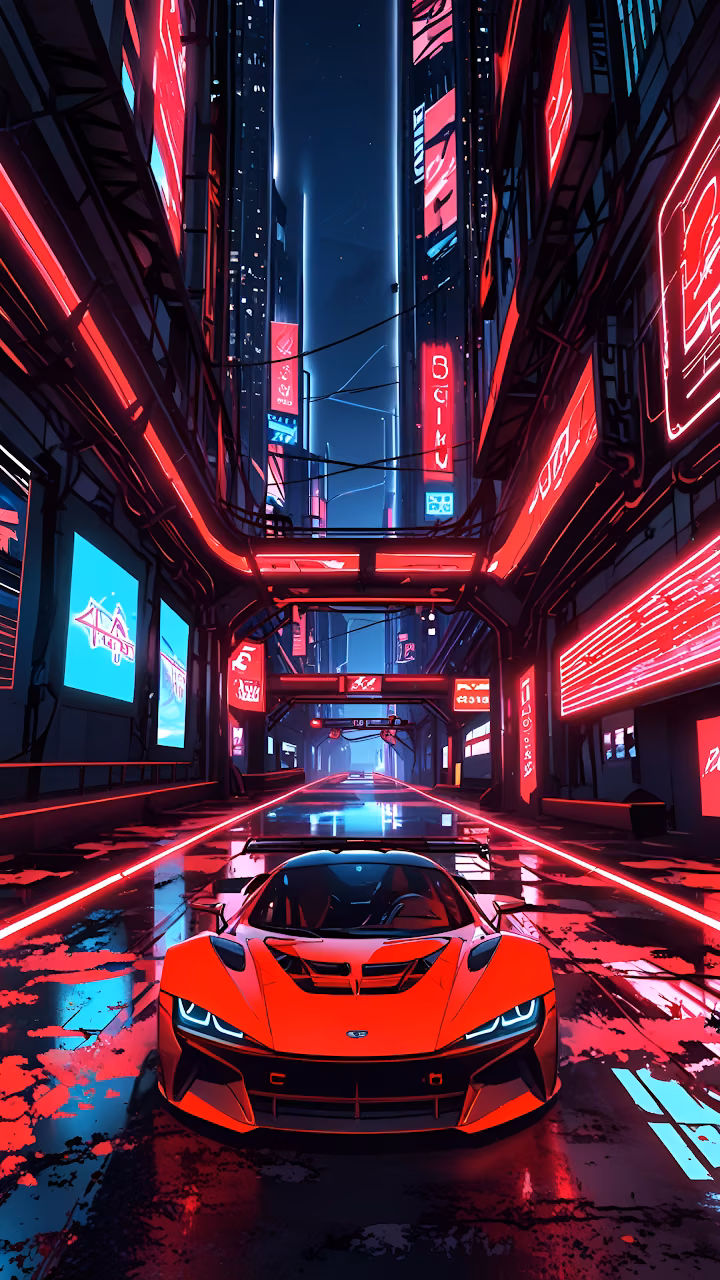 Red Neon Cyberpunk Alleyway Sports Car Synthwave - Free Mobile AMOLED Wallpaper Background