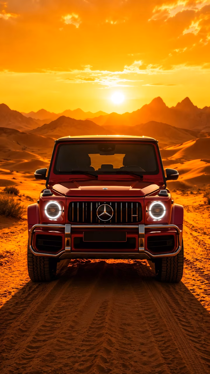 Download Red off-road luxury vehicle parked in desert at sunset Wallpaper in Mobile HD A straight-on shot of a red luxury four-wheel-drive SUV parked on a sandy desert track with sand dunes and mountains under a warm sunset.