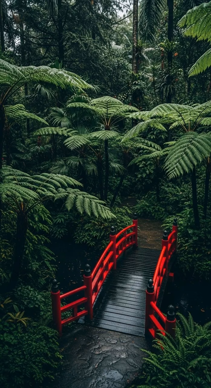 Red Oriental Bridge Over a Pond in a Lush, Dense Tropical or Japanese Garden - Free Mobile AMOLED Wallpaper Background