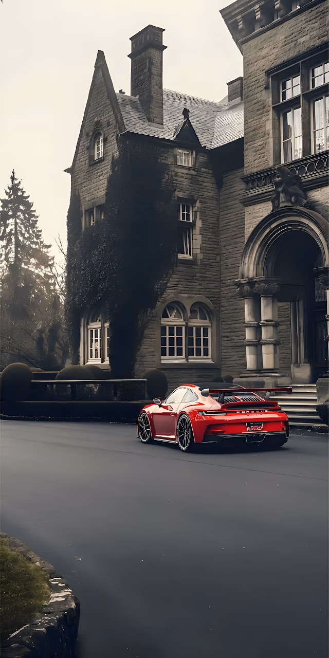 Download Red Porsche GT3 RS Classic Stone Mansion Estate Luxury Wallpaper in Mobile HD Red Porsche GT3 RS Classic Stone Mansion Estate Luxury - Free Mobile AMOLED Wallpaper Background