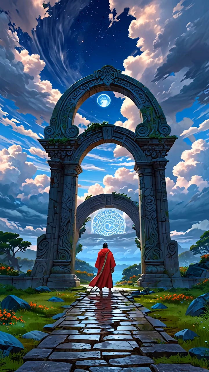 Red robed figure walks toward mystical arch under starry sky - Free Mobile AMOLED Wallpaper Background