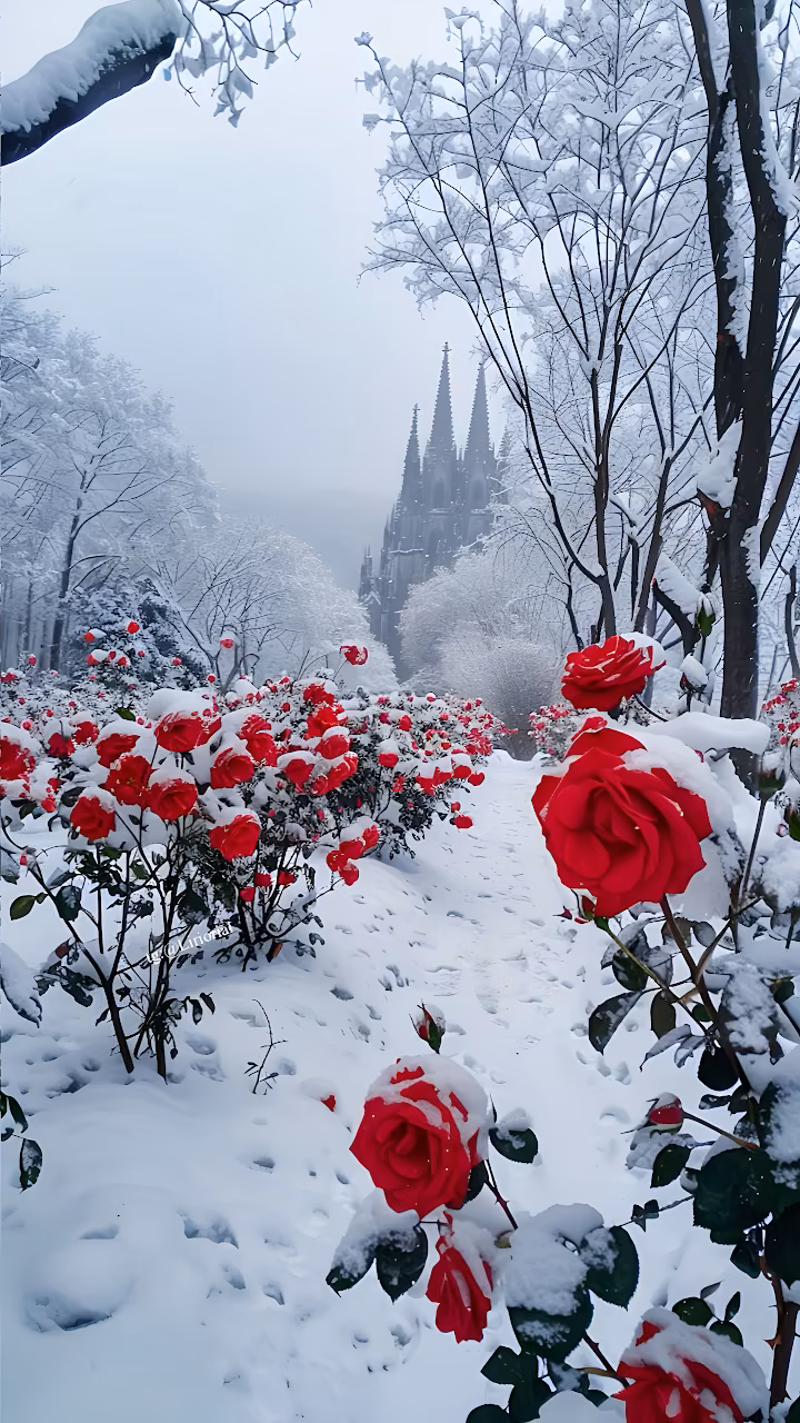 Red Roses Blooming in Snowy Garden Near Cathedral - Free Mobile AMOLED Wallpaper Background