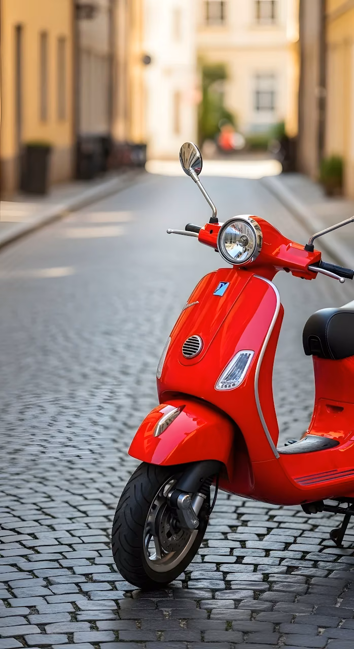 Red Scooter on Cobblestone Street in European Town - Free Mobile AMOLED Wallpaper Background