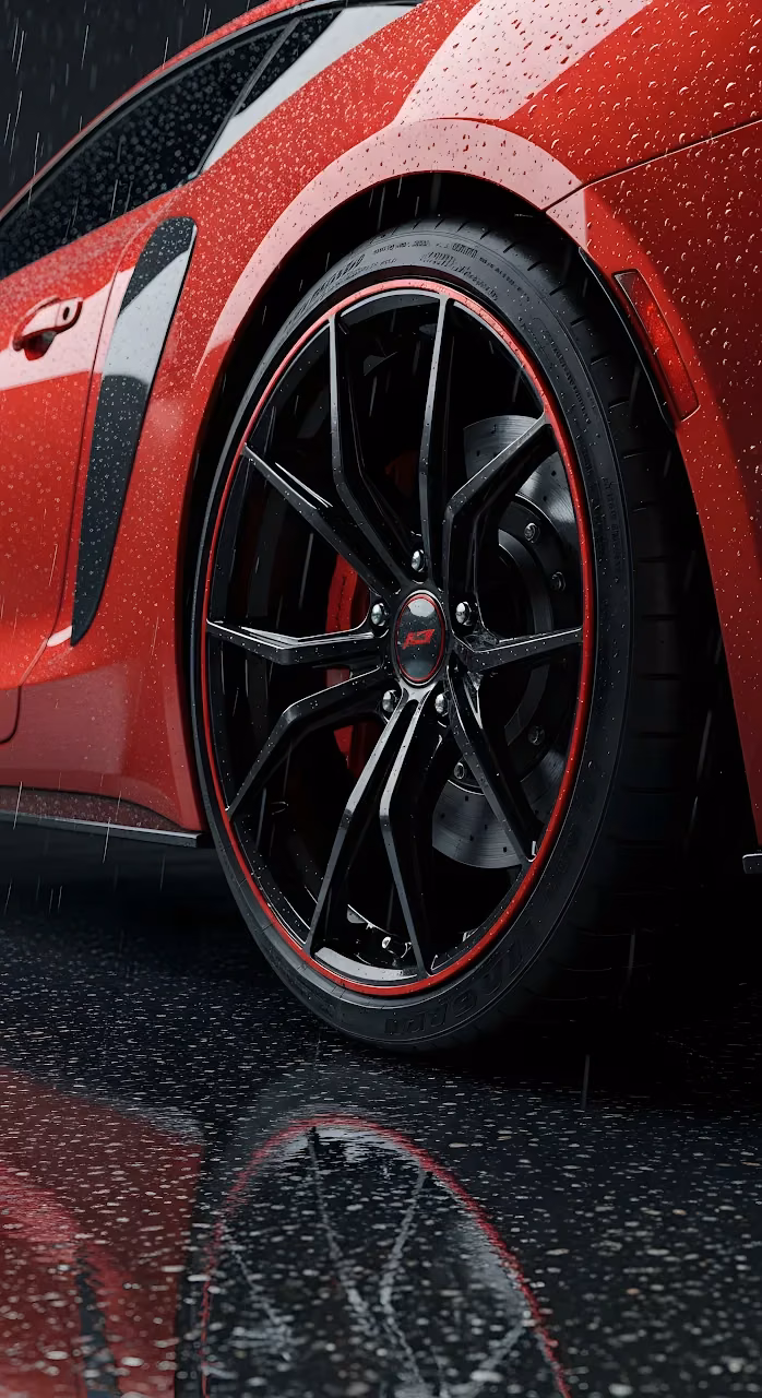 Red Sports Car Wheel in Heavy Rain Close Up Detail - Free Mobile AMOLED Wallpaper Background
