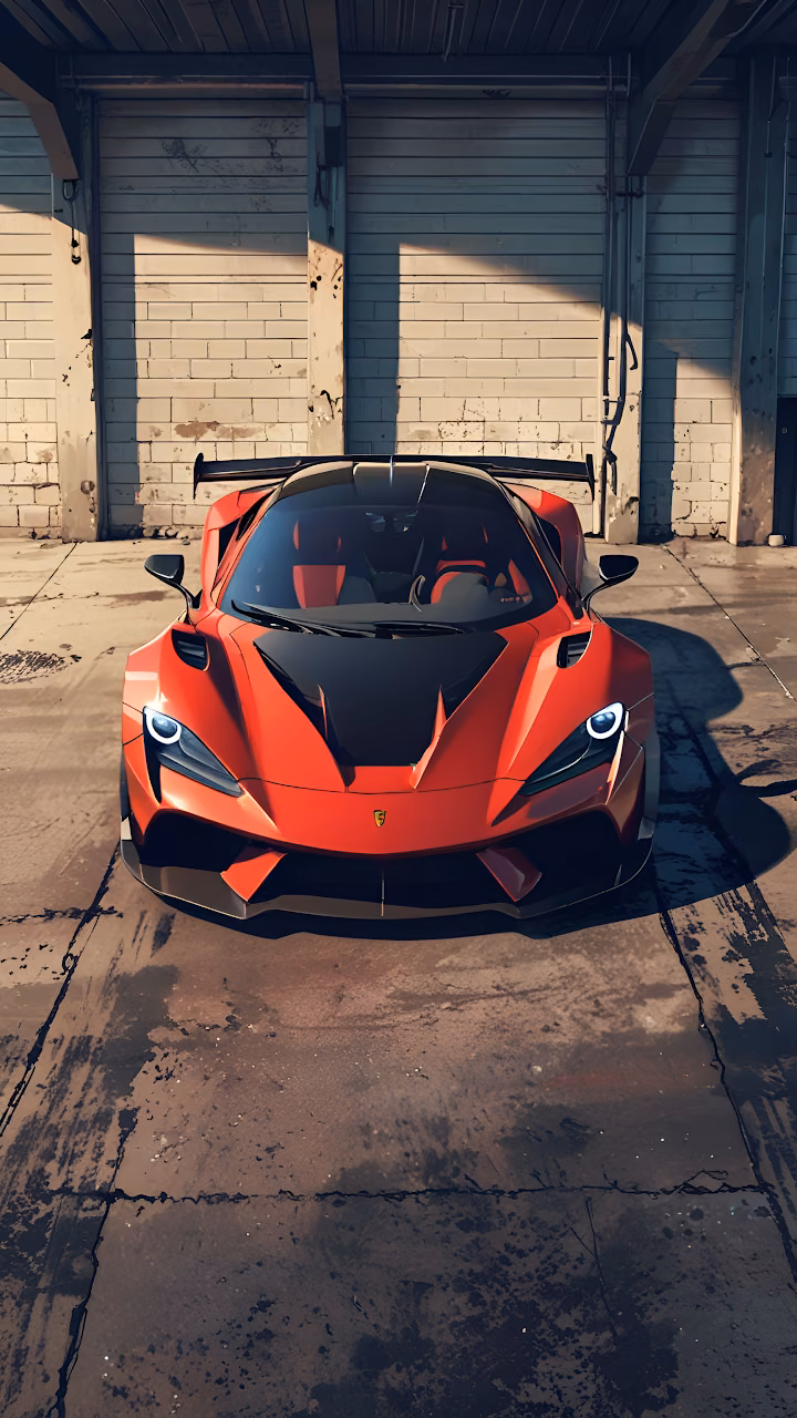 Red Supercar Industrial Garage Front View Sunlight - Free Mobile AMOLED Wallpaper Background