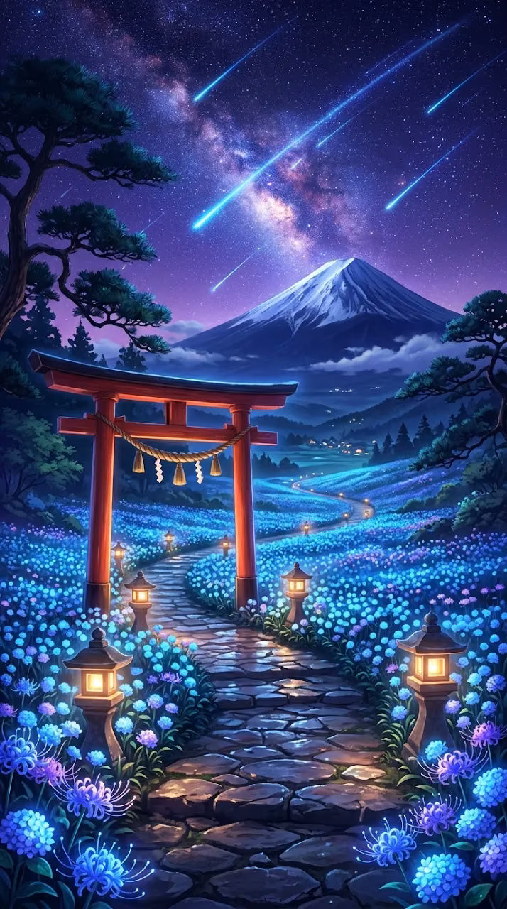 Red Torii Gate in a Field of Blue Flowers under Mt. Fuji at Night - Free Mobile AMOLED Wallpaper Background