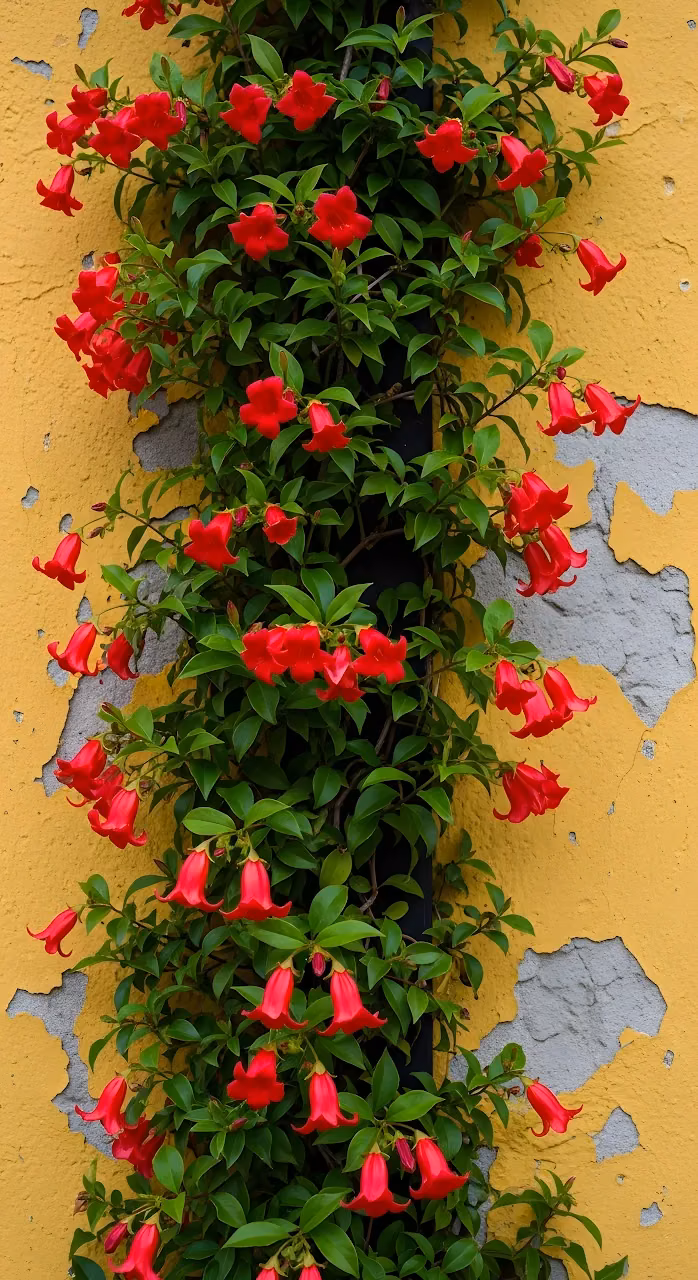 Red Trumpet Vine Climbing Peeling Yellow Stucco Wall - Free Mobile AMOLED Wallpaper Background