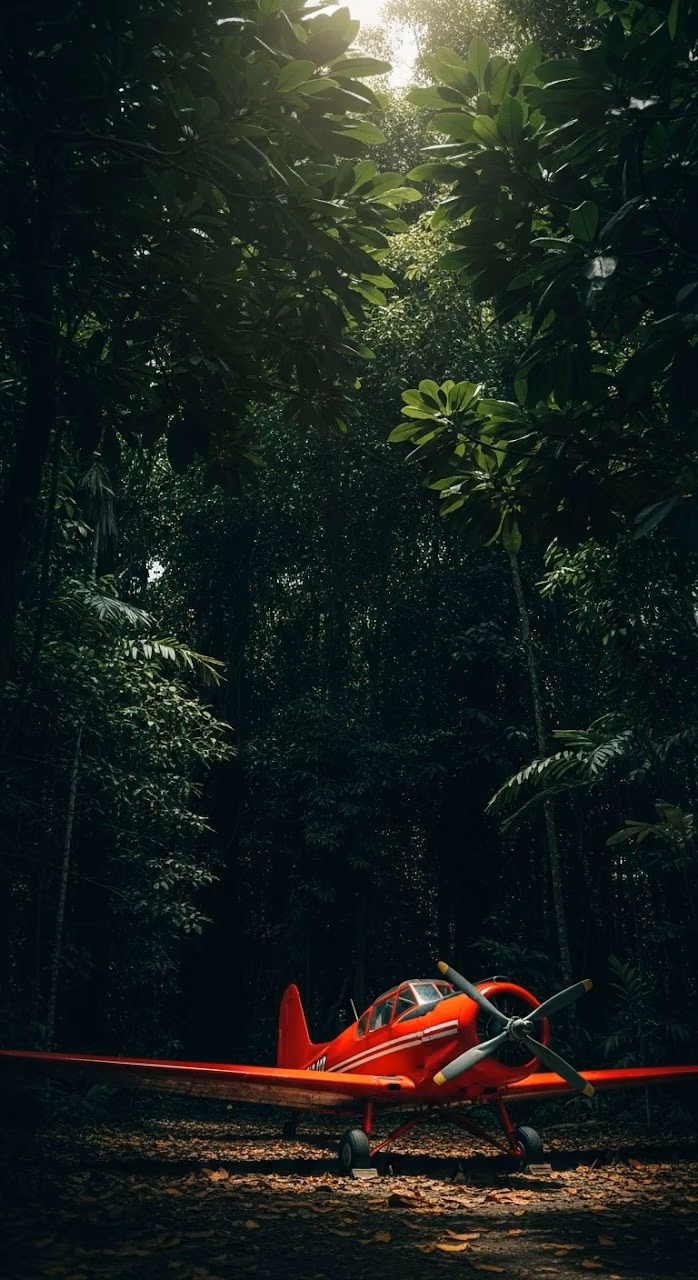 Red Vintage Fighter Plane Abandoned in Dense Rainforest - Free Mobile AMOLED Wallpaper Background