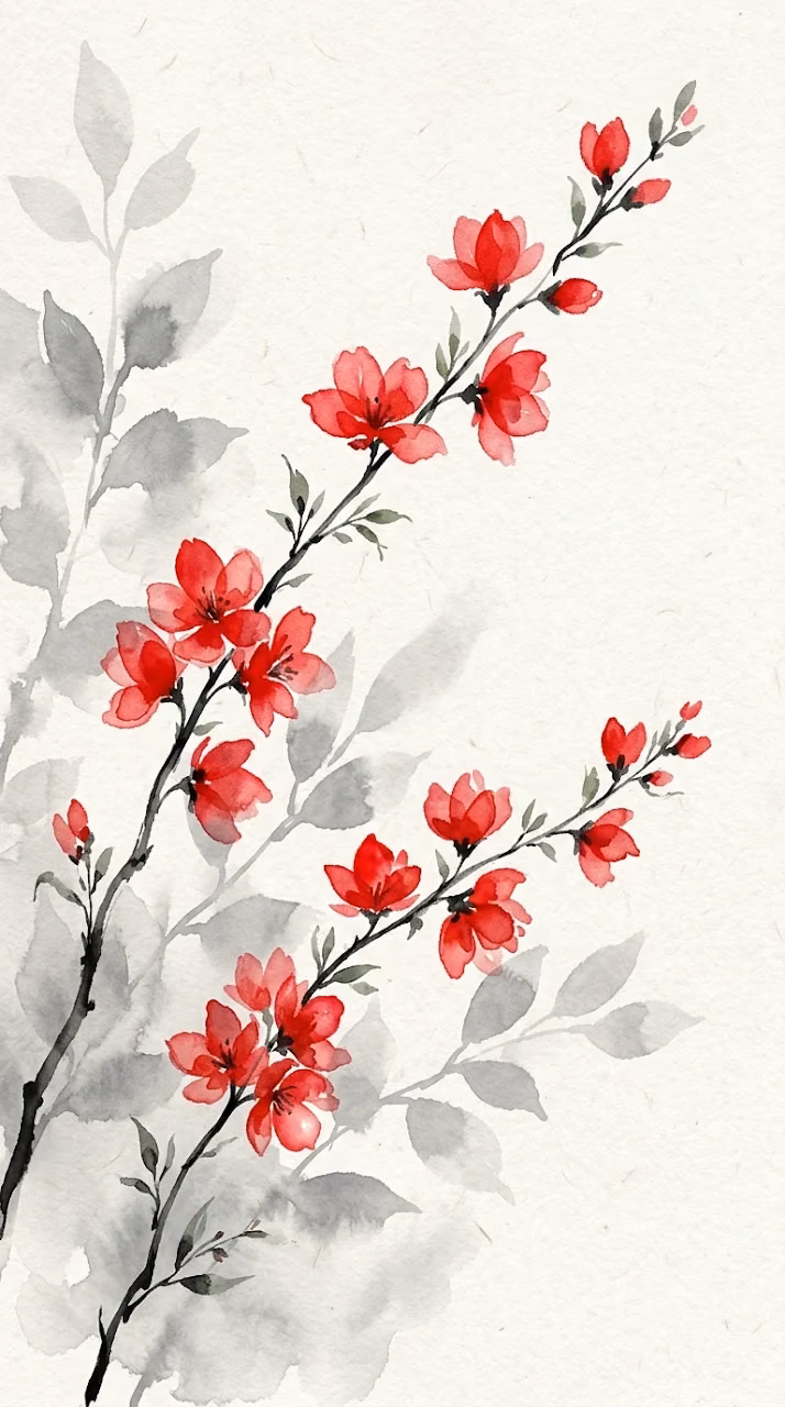 Red Watercolor Botanical Illustration in Minimalist Ink Style - Free Mobile AMOLED Wallpaper Background