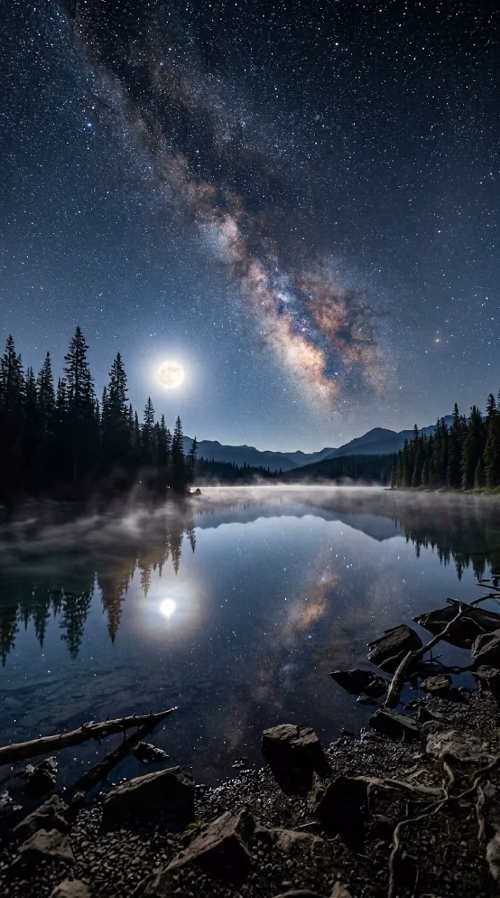 Reflective Starry Night Sky over Pine Forest Lake - Free Mobile AMOLED Wallpaper Background